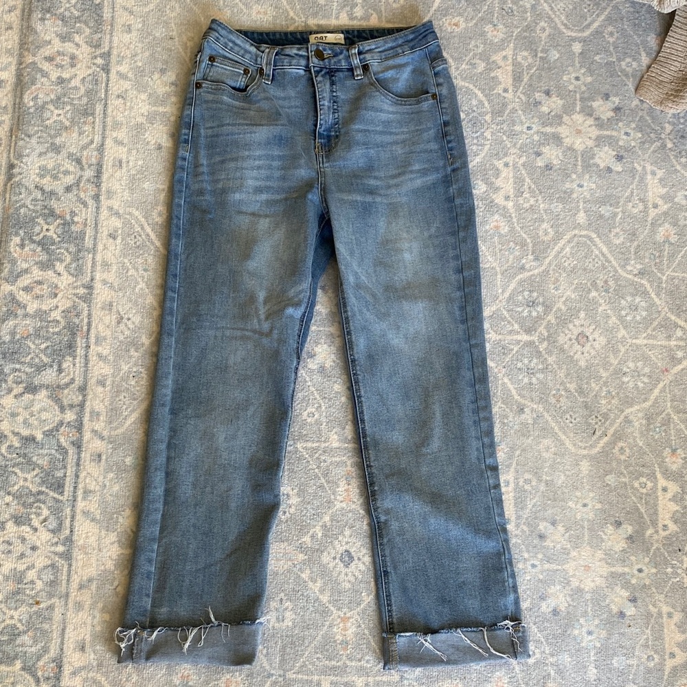 Oat Jeans Straight Ankle Frayed Hem High Rise Stretch Jeans- Light Wash 4/27